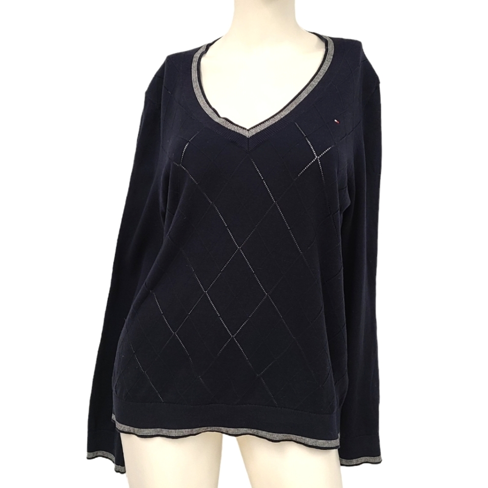 Tommy Hilfiger Navy Blue Perforated V Neck Sweater size Large